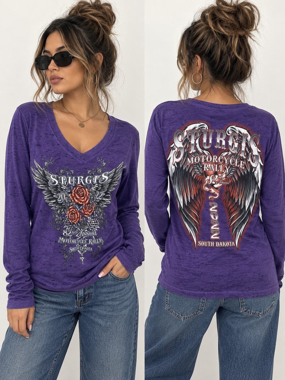 Sturgis 2022 Motorcycle Rally Shirt Womens M Purple Long Sleeve V Neck Biker